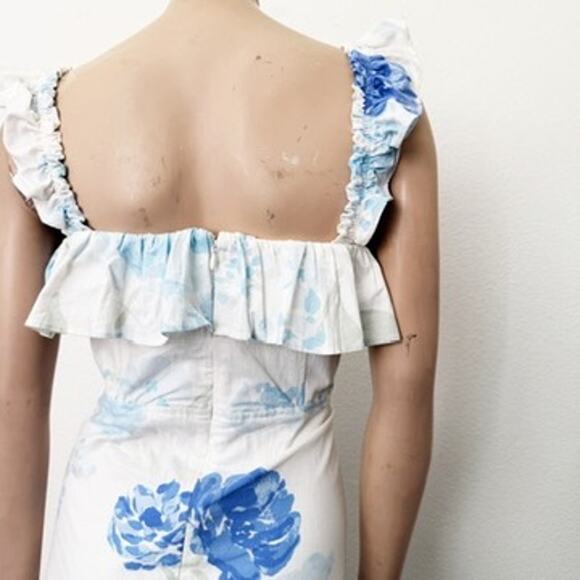 [SABO] White Peony Blue Floral Print Ruffle Mini Dress NWT Fit & Flare Sz Large - Picture 9 of 12